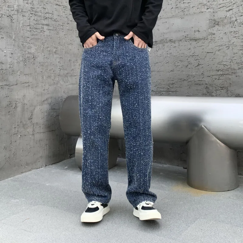 

New Fashionable Coarse Felt Texture Texture Design Sense Jeans Men'S Trendy Loose Straight Tube Nostalgic Blue Washed Pants