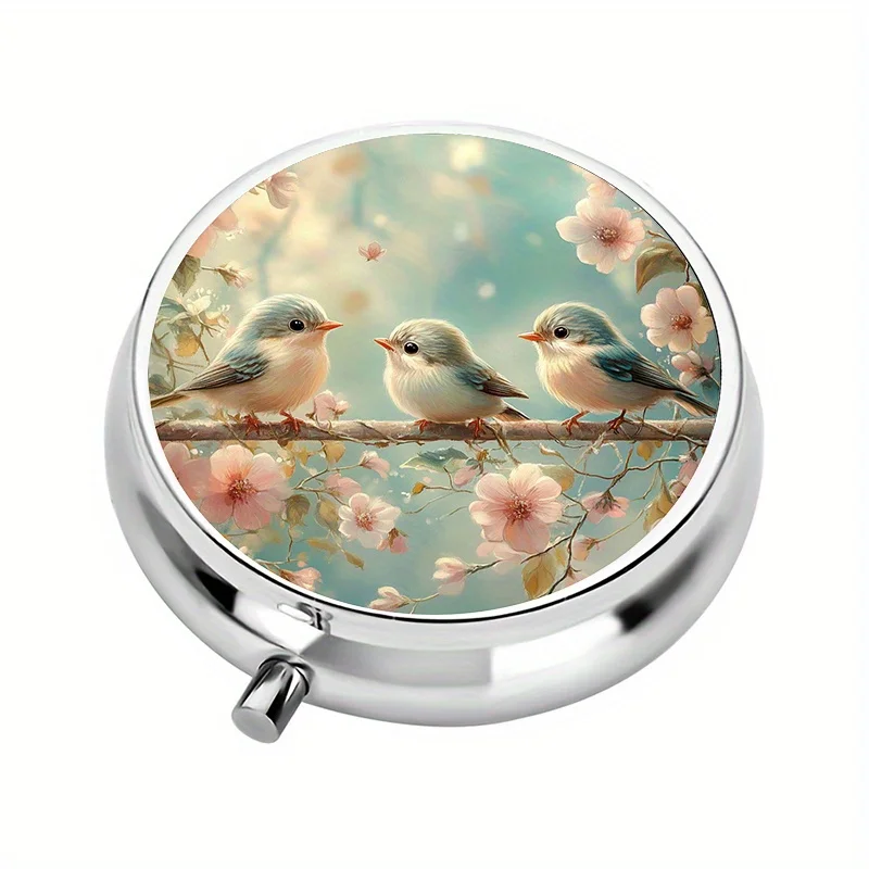 1 pill box, with 3 compartments, bird-themed mini pill box, medication storage box, decorative vitamin storage box, suitable for purse or wallet
