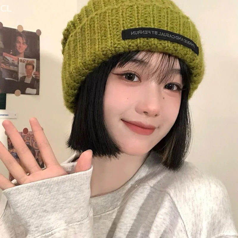 Letter L Solid Color Skullcaps For Women Winter Warm Earmuffs Cap Girls Ski Riding Bonnet Coarse Knit Hat