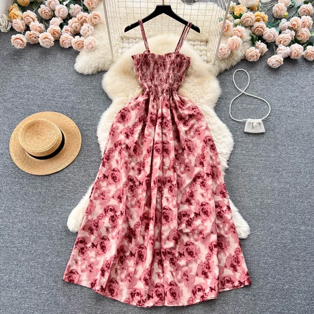 

Korean Fashion Rose Flower Print Romantic Retro Party Dress Summer Elastic High Waist Vacation Long Dress Beach Vestido