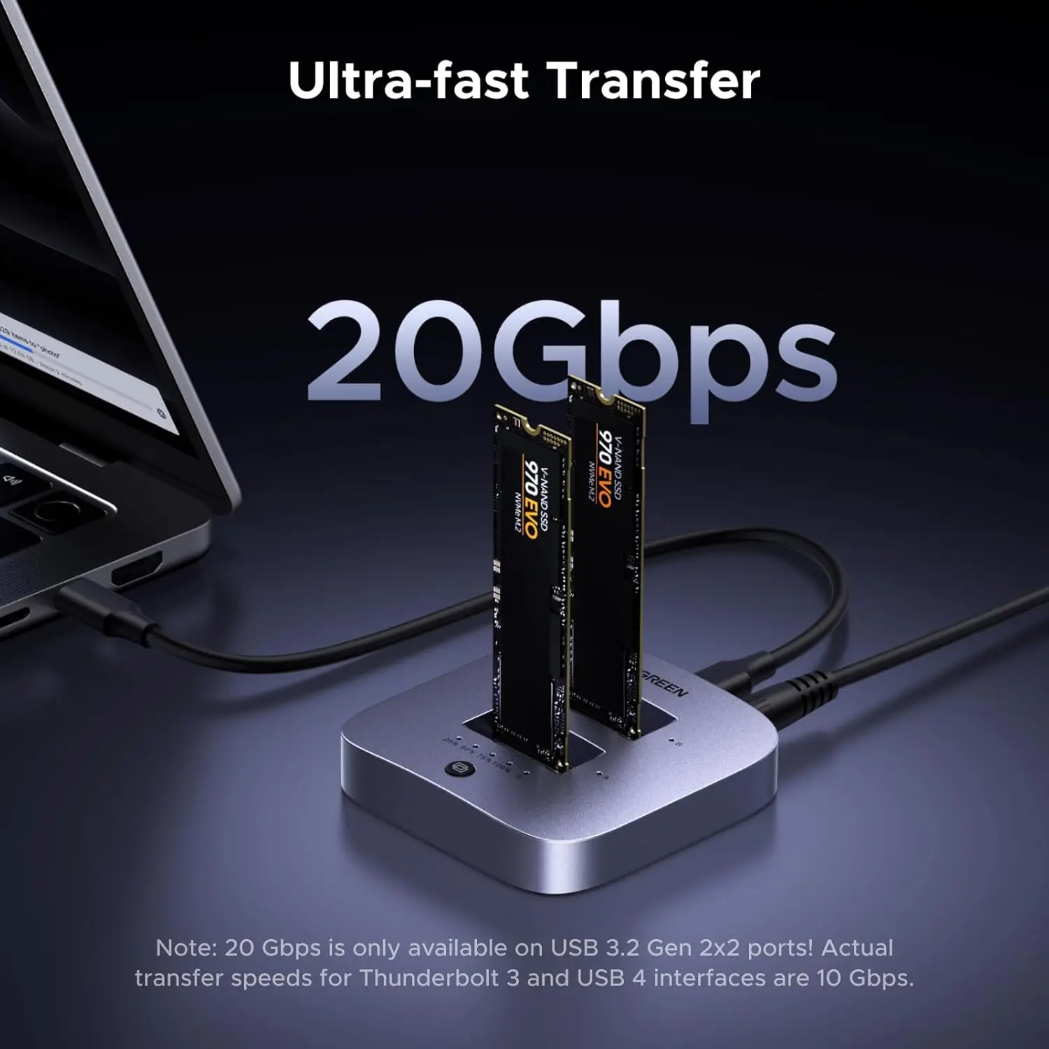 UGREEN 20Gbps Cloner, M.2 Duplicator Dual Bay NVMe Enclosure, Tool-Free USB3.2 Gen 2X2 to USB Adapter M.2 Docking Station