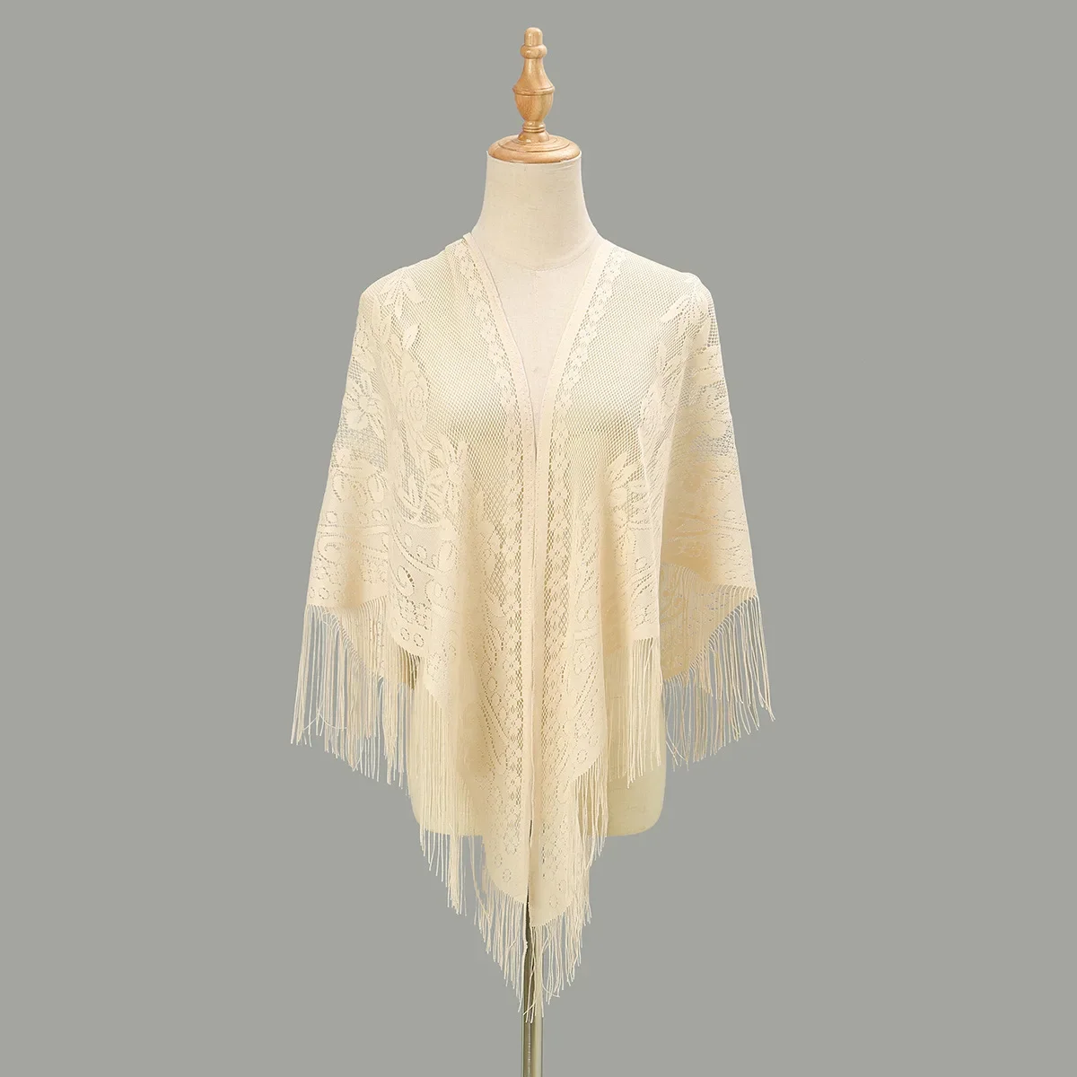 

Sexy Lace Flower Hollowed Out See Through Shawl Bride's Bridesmaid Evening Party Cheongsam Shawl Tassel Scarf Beige