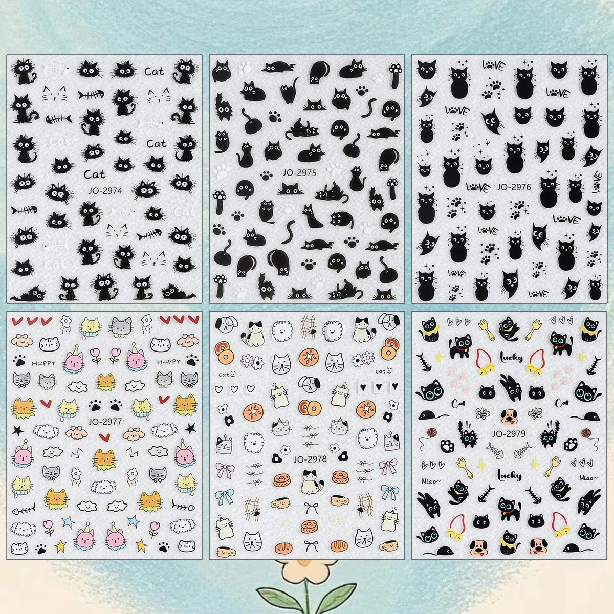 3/6/12 Sheets 3D Embossed Black Cat Nail Stickers Cute Cartoon Kitty Paw Print Fishbone Self Adhesive DIY Nail Decals