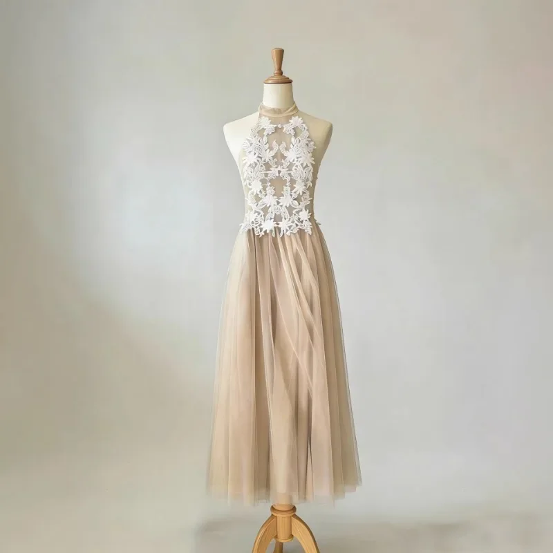 Sexy Halter Mesh Long Dresses for Women Vintage Flower Embroidery Night Club Party Gown Birthday Dinner Date Concert Art Exhibit