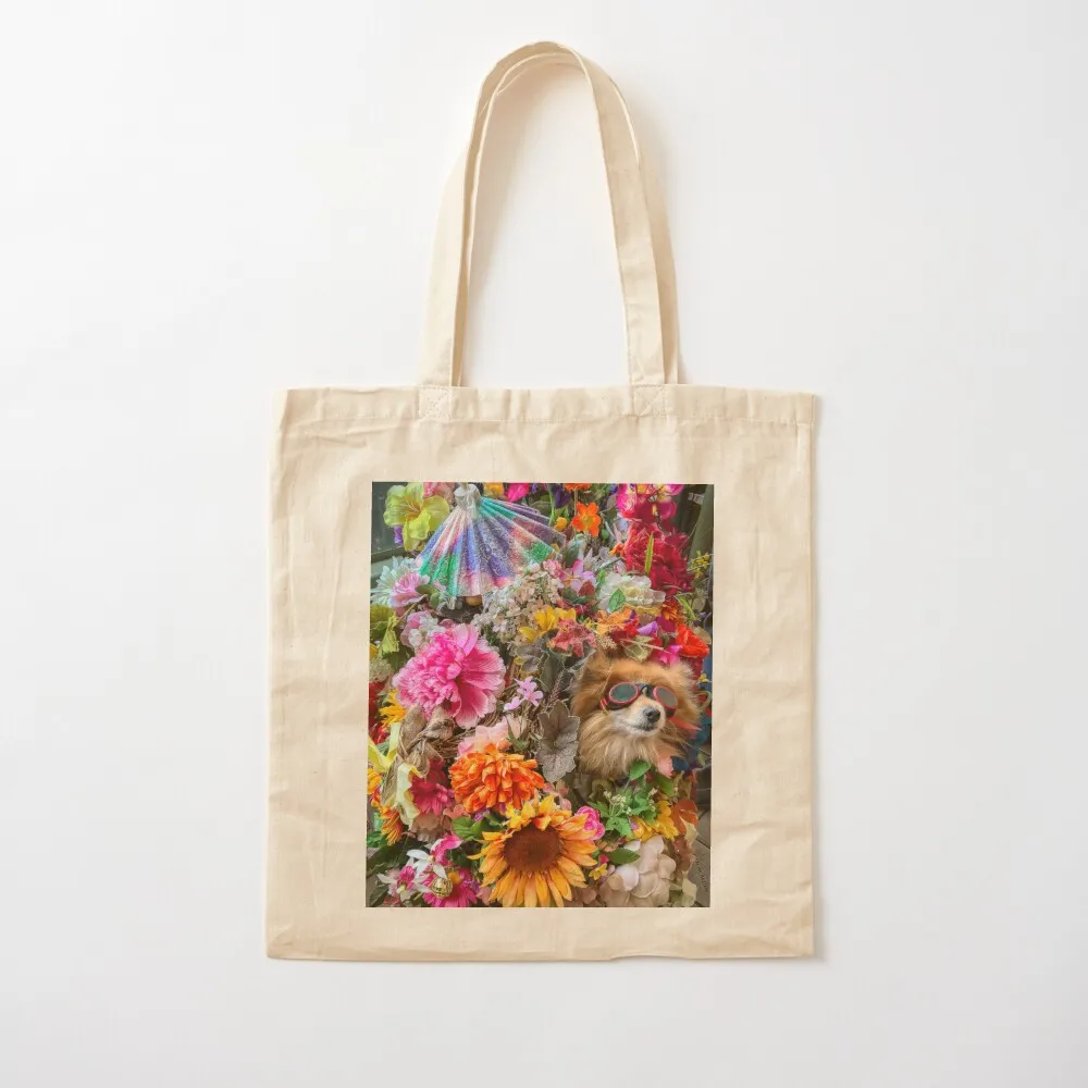 Pomeranian dog in a stroller wearing goggles surrounded by colorful flowers Seattle Tote Bag