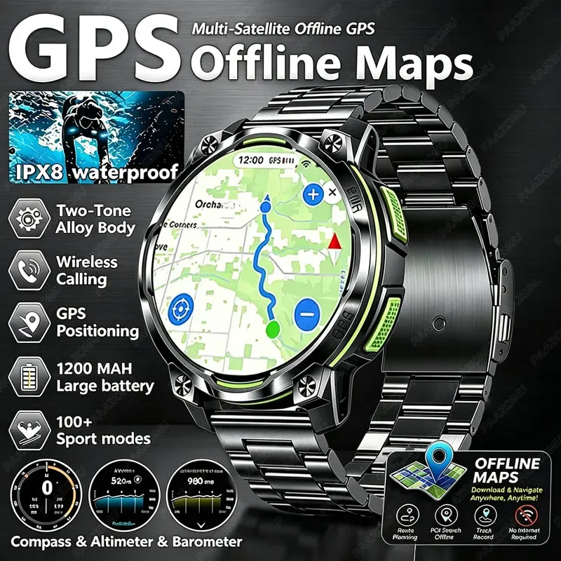 2026 New Men's Smart Watch with GPS And Offline Map Waterproof 100+ Sports Modes LED Compass Altimeter BT Call WhatsApp Reply