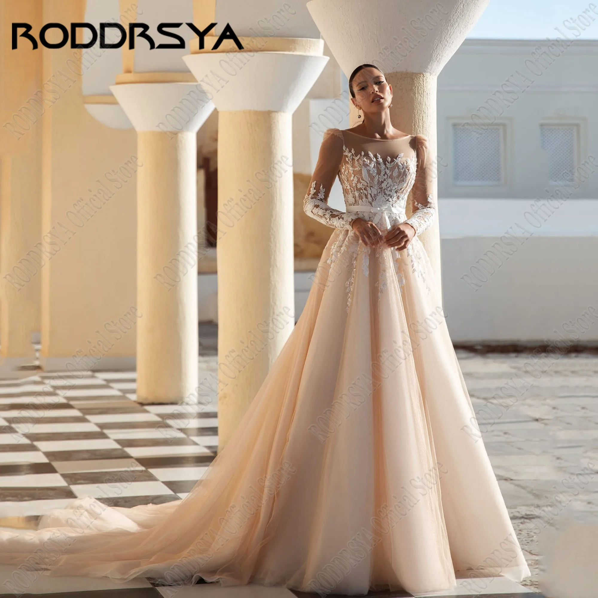

RODDRSYA Glitter A-line Tulle Wedding Dress Applique Full Sleeve Sparkly Scoop Neck Bride Gown Luxury Champagne vestido de novia