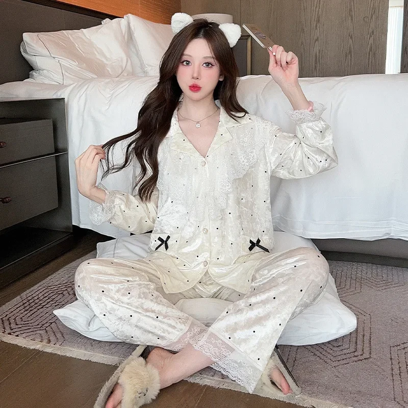 

Женские осенние бархатные пижамы, милые кружевные лоскутные пижамы, велюровая ночная рубашка, топ и брюки, 2 предмета, пижамный костюм, домашняя одежда, домашняя одежда