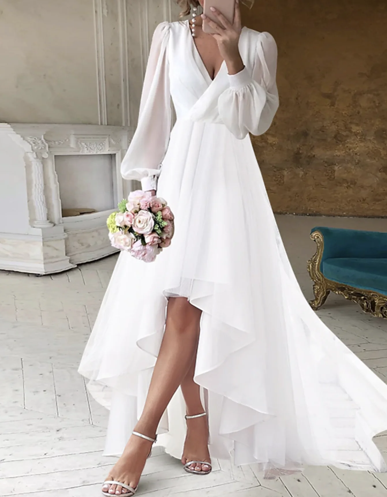 

Bridal Shower Wedding Dresses Little White Dresses Simple A-Line V Neck Long Sleeve Asymmetrical Bridal Gowns 2024