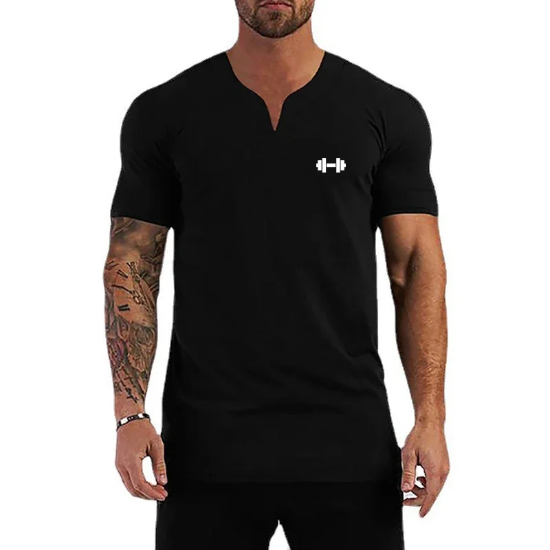 

Gym Fitness Running V-neck Short Sleeve Clothing Summer Cotton Bodybuilding Sport Shirts Mens Workout Muscle Breathable T-Shirts