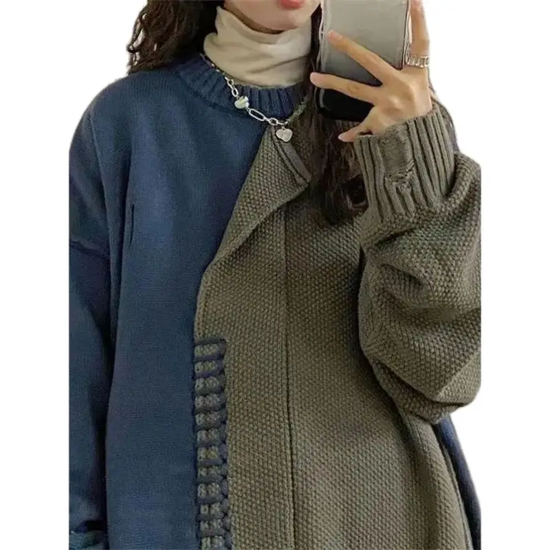 American Vintage Sweater Men Women\'s 2023 Autumn and Winter New Lazy Style Design Sense Patchwork Holes Contrast Color Knitwear