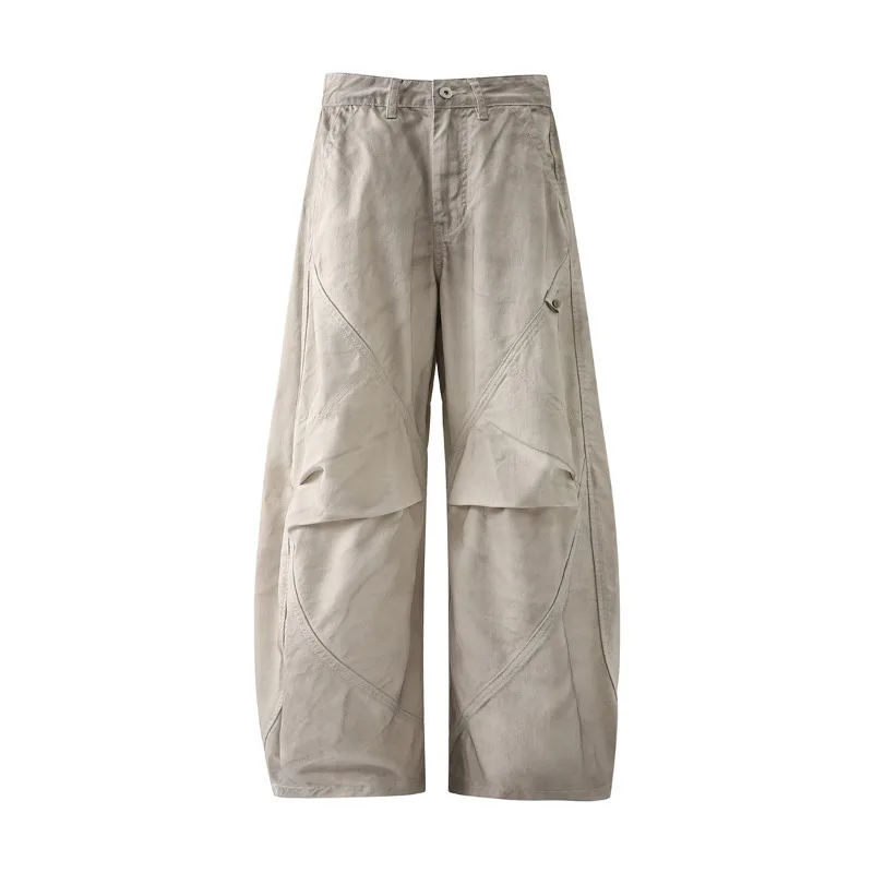 Niche Design Men's Casual Trousers Worn-out Washing Pleated Loose Deconstruction Solid Color Male Curved Knife Pants