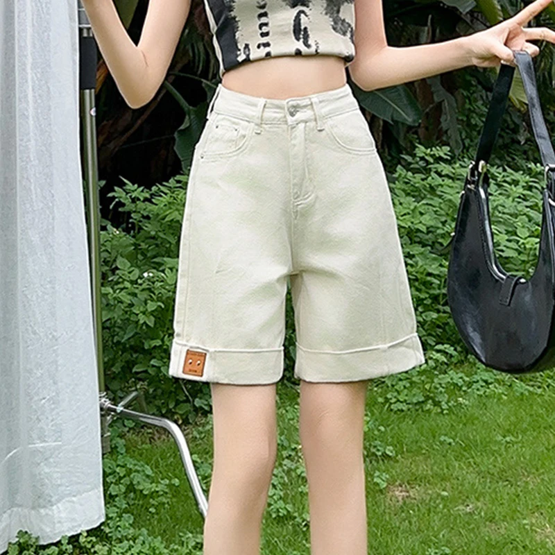 Fashion Roll Up Hem Denim Shorts Women Summer High Waist Slim Straight Jean Shorts Korean Versatile Wide Leg Five Points Pants