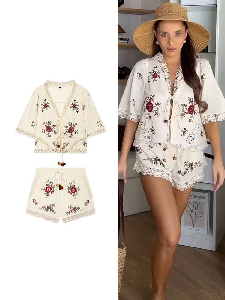 Lässiges Schnür-Hemd-Shorts-Set für Damen, Kurzarm-V-Ausschnitt-Oberteil, kurze, lockere Hose, schickes Stickerei-Set, Sommeranzug 2026