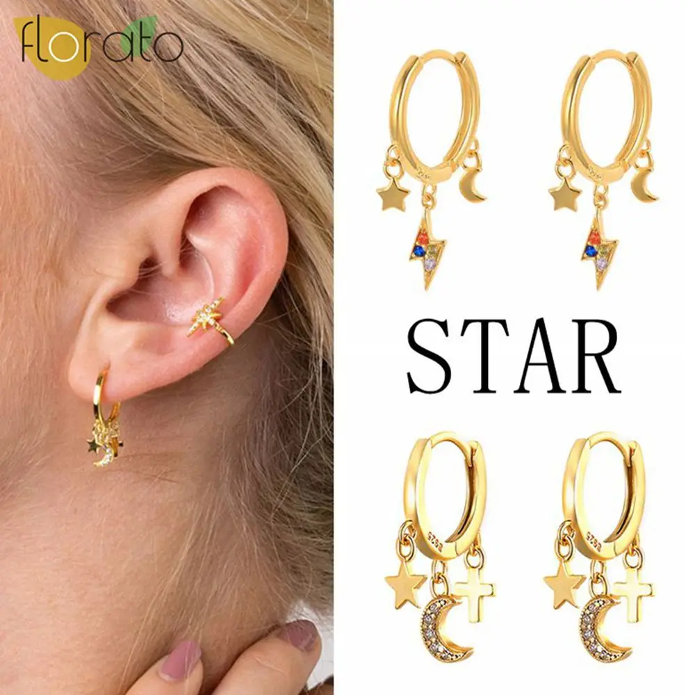 925 Sterling Silver Ear Needle  Delicate Gold Silver Hoop Earrings Star/moon Tassel Pendant Women's Earrings Single Item Jewelry