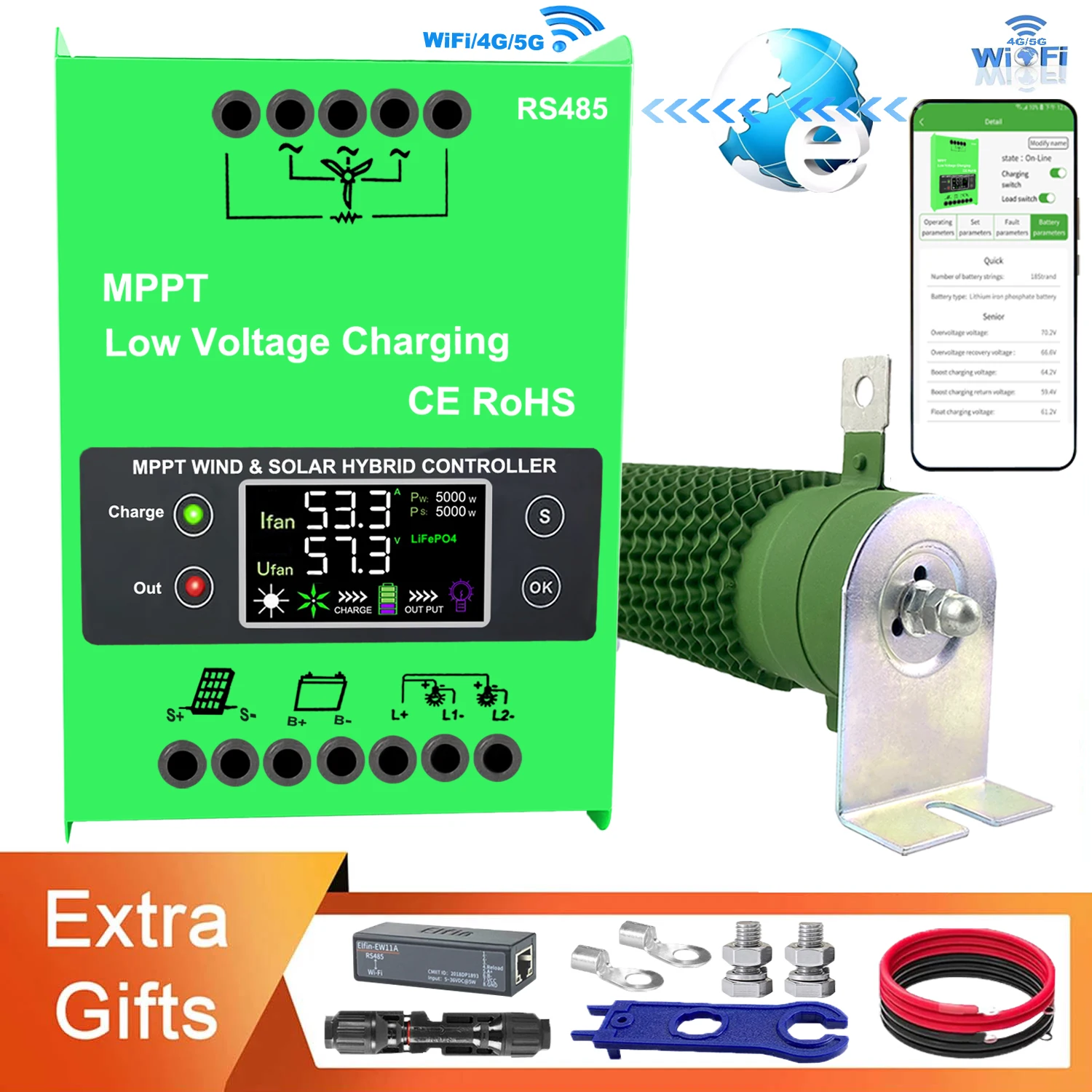 3000W 4kw MPPT Wind Solar Hybrid Charge Controller 12 24 48V 160A LCD Display Wifi Monitor For Lifepo4 Lithium Lead Acid Battery