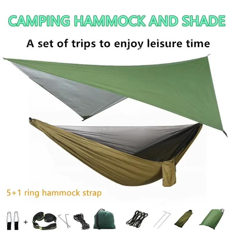 Camping Hammock with Mosquito Net and Rain Fly Tarp,Portable Parachute Tree Hammock Nylon Swing Hammocks Sun Shelter Rain Fly