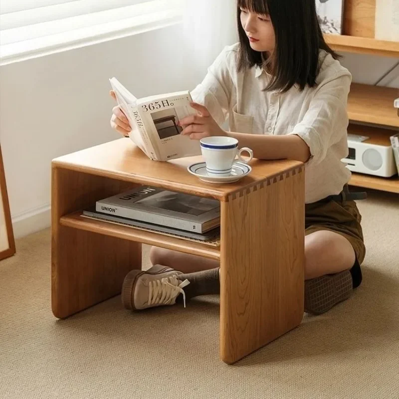 Simple C-shaped wooden side table hand-woven rattan board book storage narrow sofa side table reading table