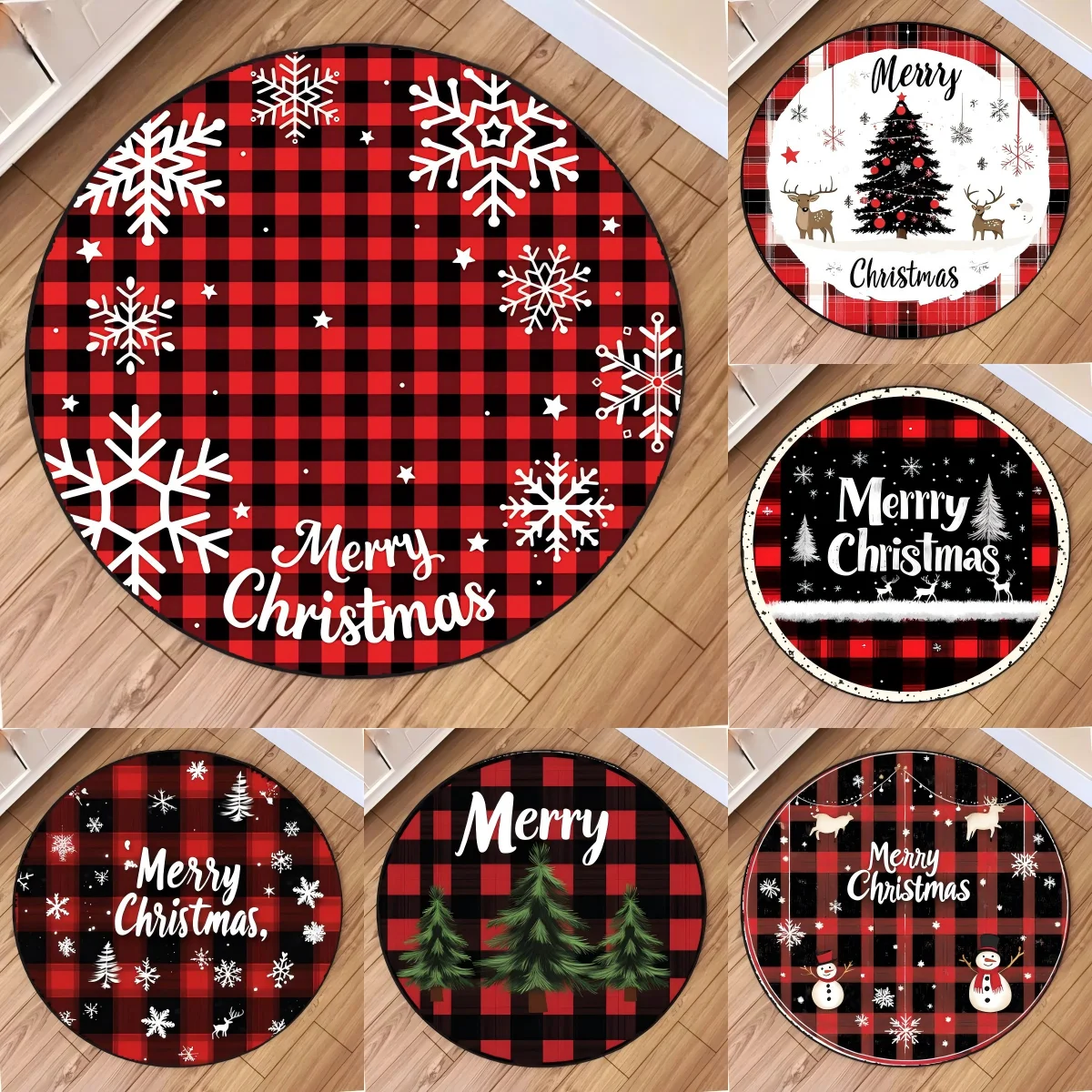 Christmas Red Checkered Round Carpet Living Room Mat Festive Red Festive Atmosphere Decorated Christmas Tree Home Rug Decoration