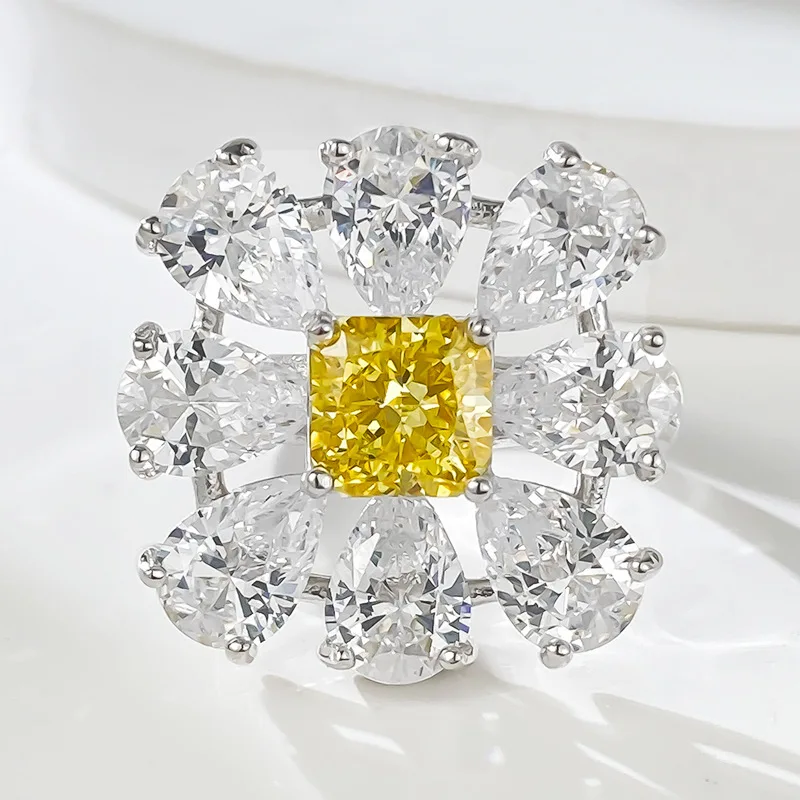 S925 Silver Ring High Carbon Diamond 6 * 6 Yellow Diamond Ring Group with Flower Cluster Wedding Ring