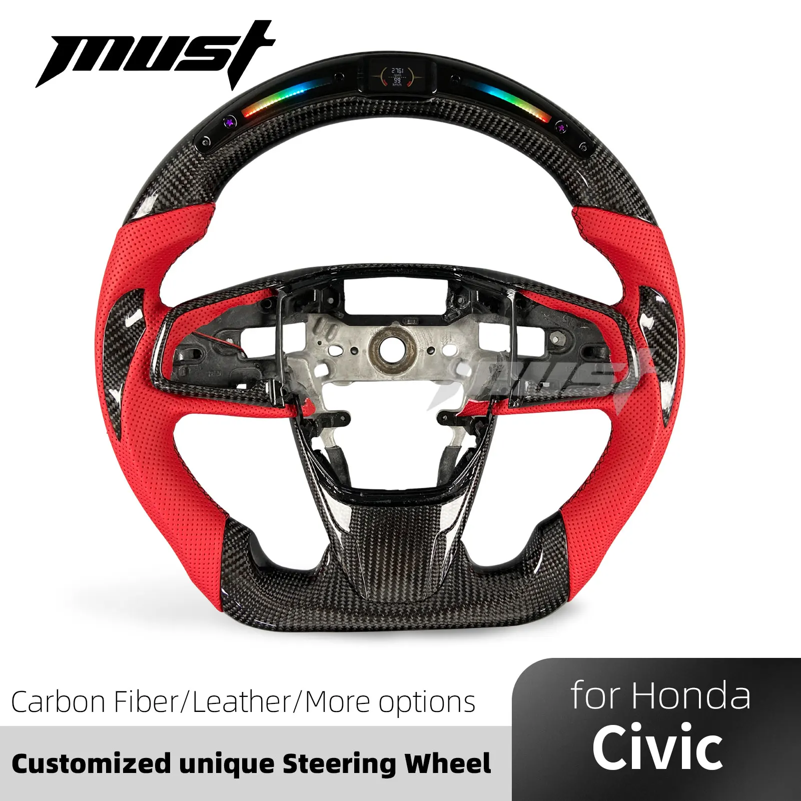 For Honda Civic 10th Generation FK8 Type R Si Coupe CR-V EX LX 2016-2021 Customized Red Grips LED Carbon Fiber Steering Wheel