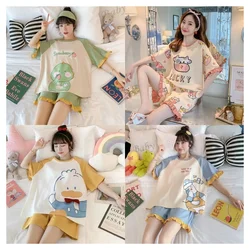 Summer Gilrs Two Pieces Sets Pajamas Shorts O-neck Short Sleeve Thin Homewear With Ruffles Loose Cartoon Printing Big Size Cute