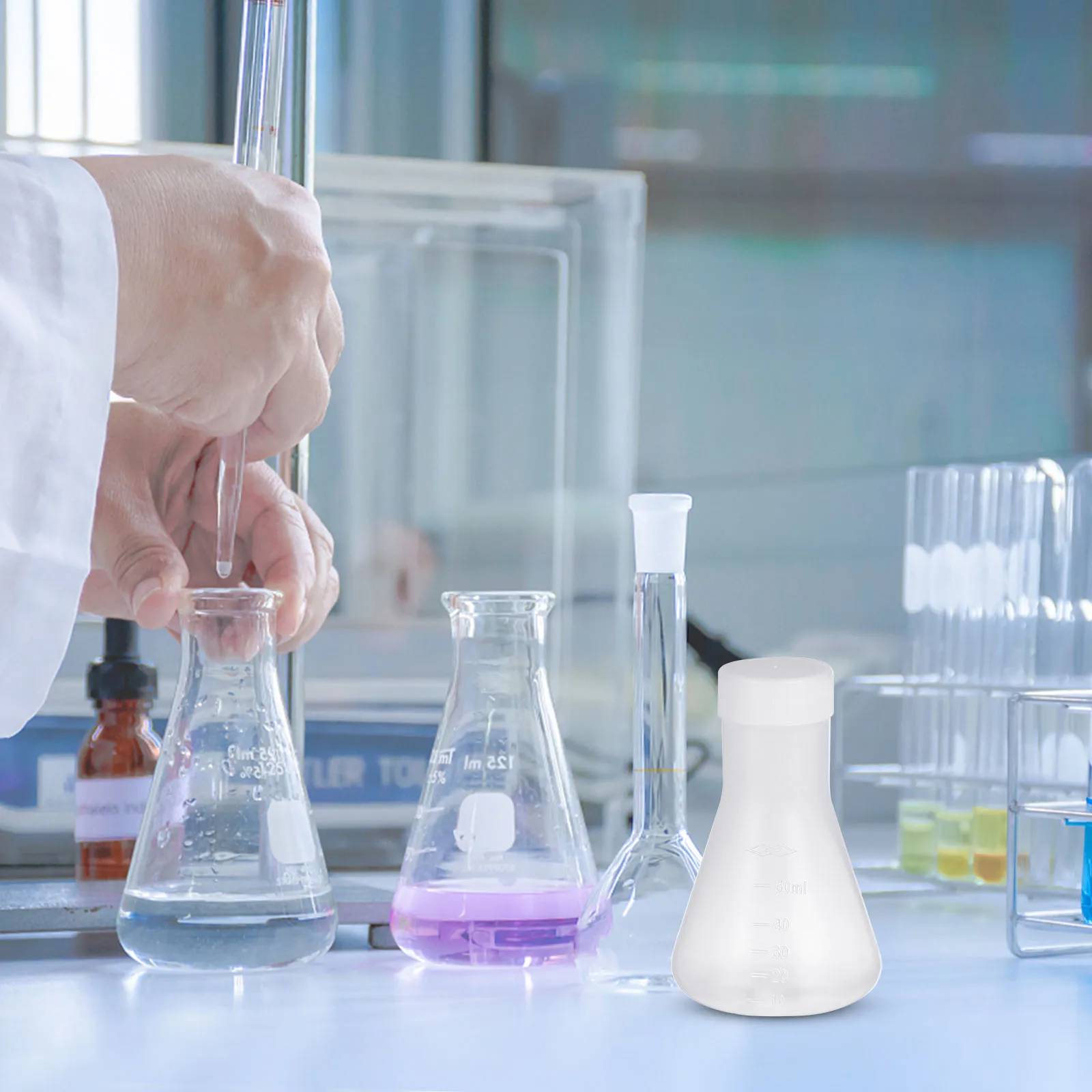 5Pcs Plastic Conical Flask with Lid Transparent Erlenmeyer Flask for Chemistry Experiment Laboratory Equipment Scientific