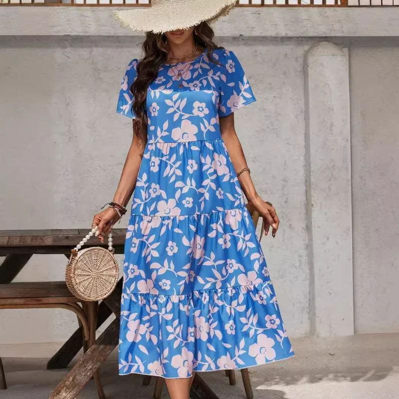 

2025Elegant Women's Large Floral Fashion Multi-layer Ruffle Patchwork Long Dress Blue