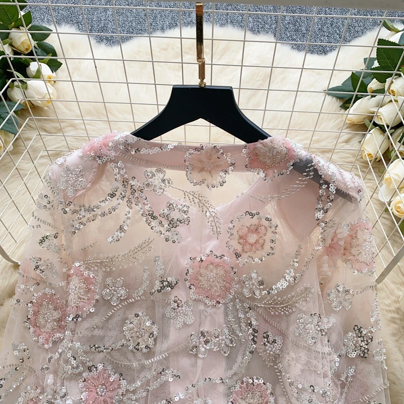 Haute Couture Top Women's Fashion Heavy Industry Embroidered Bead Sequin Flower Tulle Coat Women's French Socialite Shirt