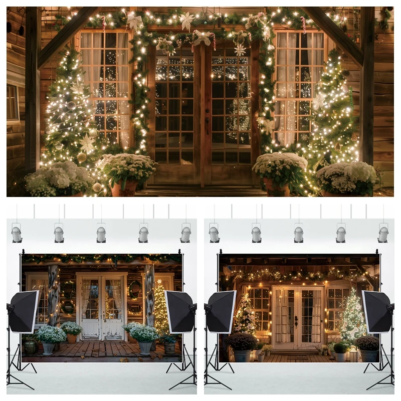 

Christmas Eve Backdrop Photography Christmas Wooden House Colorful Lights Xmas Tree Party Decoration Portrait Photo Background