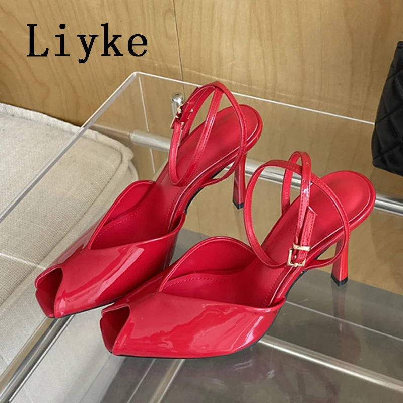 Liyke Designer High Heels Gladiator Sandals Women Summer Cozy Patent Leather Peep Toe Buckle Strap Ladies Party Dress Shoes Red