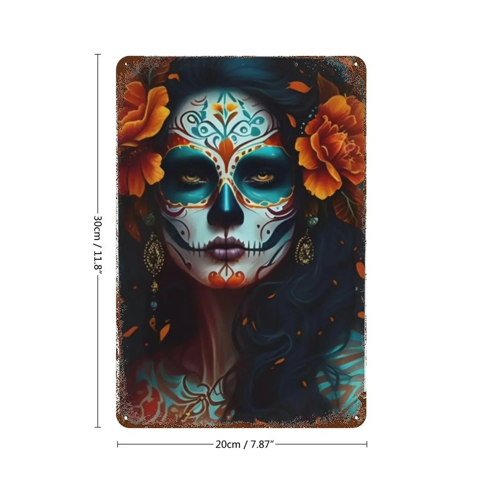 Vintage Mexican Skull Flower Plaque Wall Metal Tin Sign Art Painting Gothic Pictures Abstract Home Decor for Living Room Kitchen