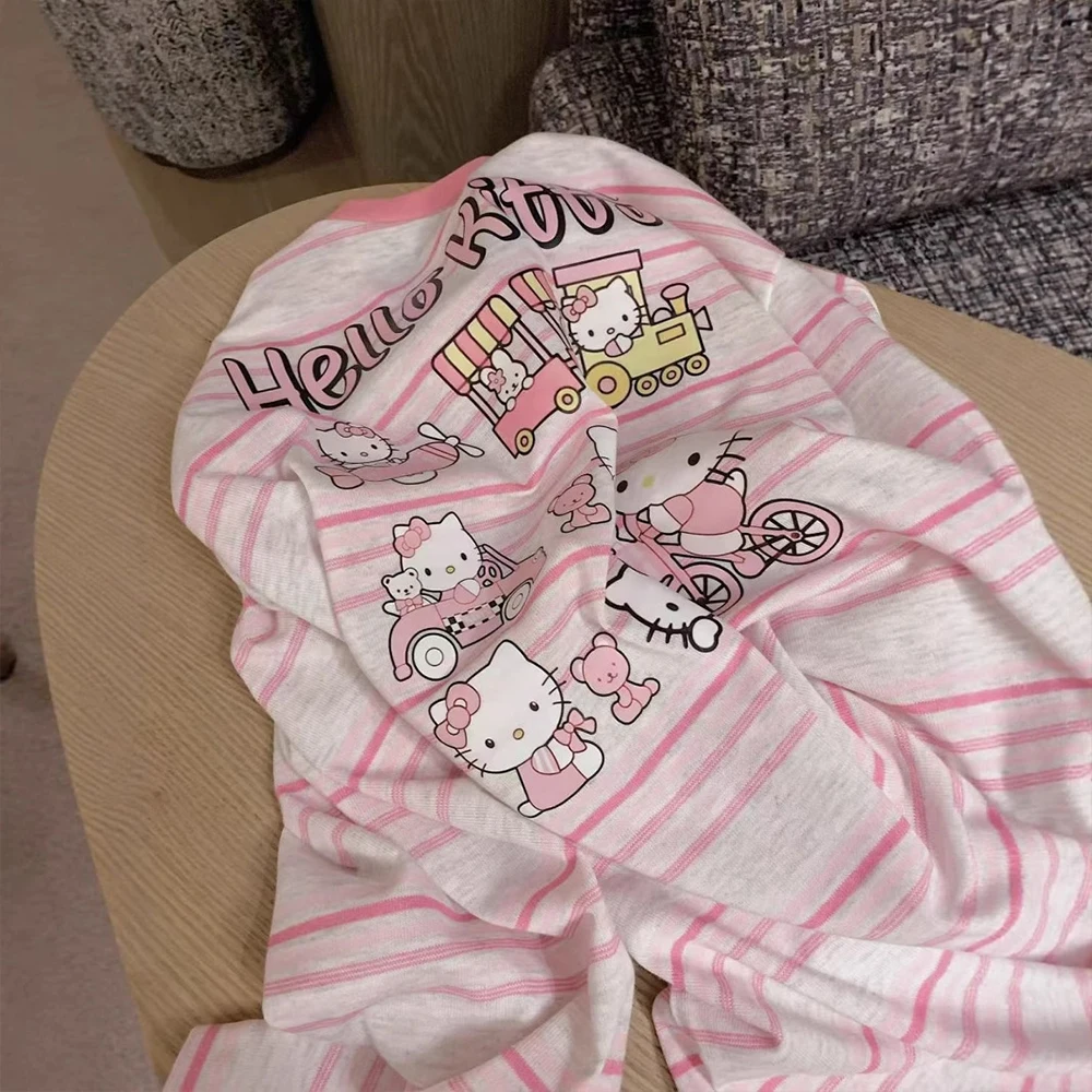 

Sanrio Anime Hello Kitty Striped Long Sleeved Women's Round Neck T-Shirt Cute Cartoon Print Loose Casual Y2K Sweet Soft Pullover