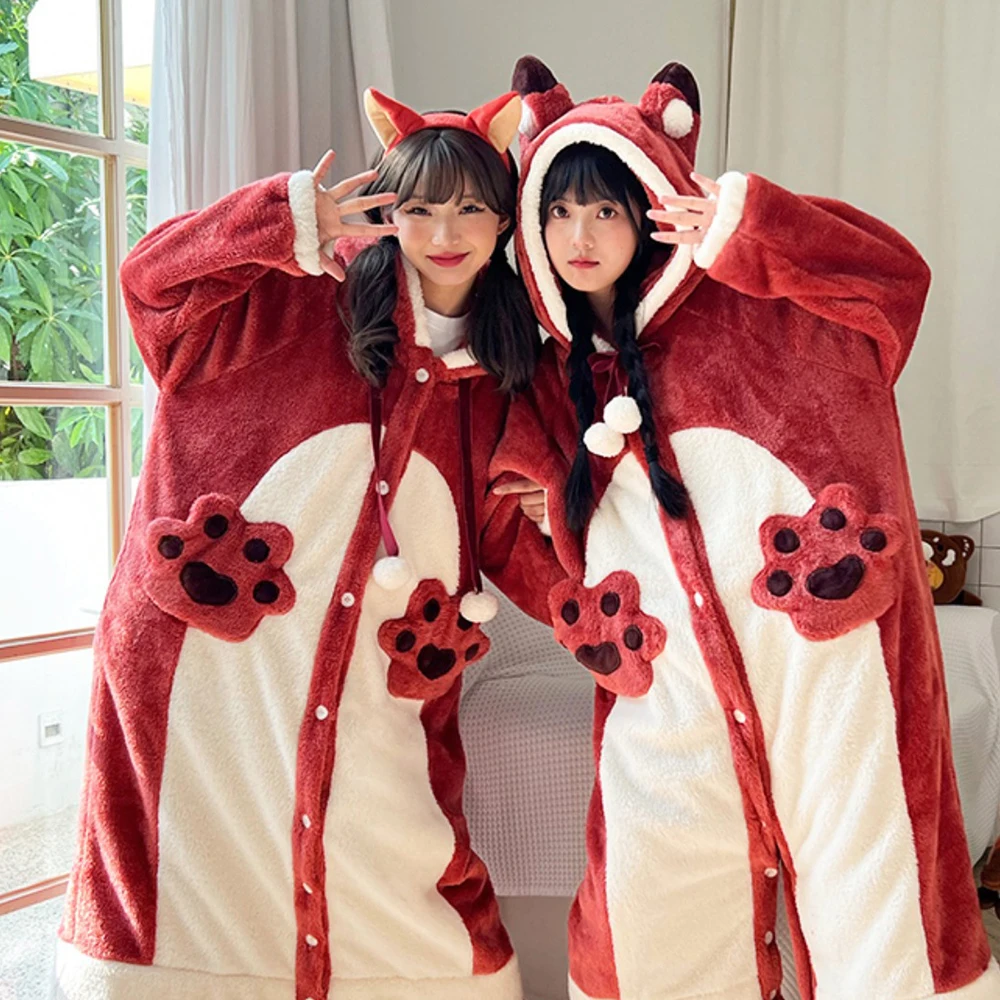 Cartoon Animal Hooded Pajamas Dress Kawaii Women Coral Fleece Dressing Gown Night-Robe Soft Long Sleeve Homewear Warm Sleepshirt