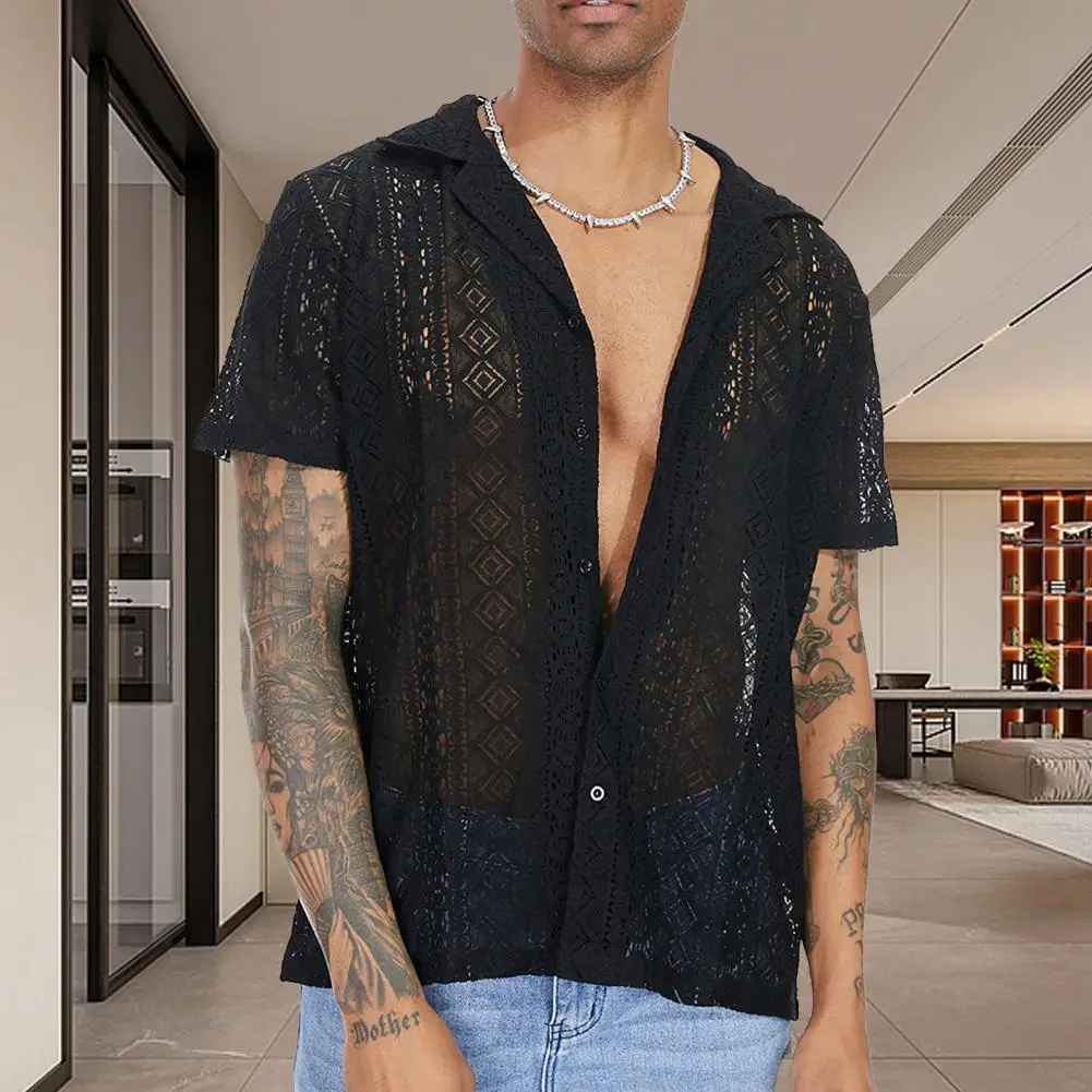 Deep V Neck See-through Sexy Men Shirt Street Men's Lace Shirt Short Sleeved Flower Transparent Buttons Holiday Hollow Out Shirt