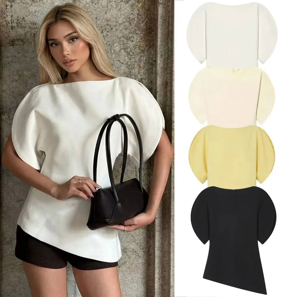 Camisetas Casuales Holgadas para Mujer HH, Blusa con Dobladillo Asimétrico, Camisa de Manga Corta Abullonada, Elegante, para Mujer, Verano, Fiesta, Vacaciones, Blusa Blanca
