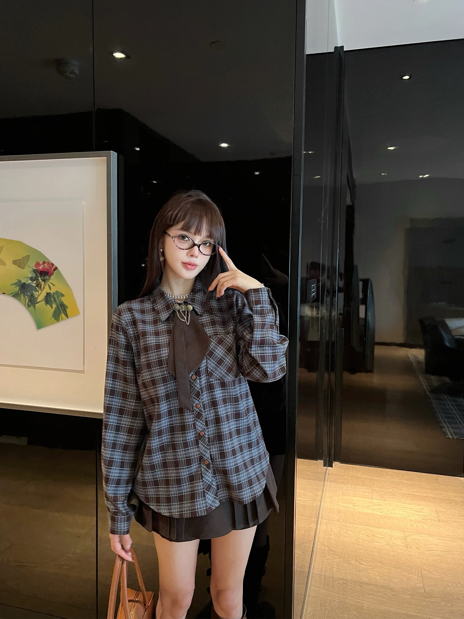 

Faionable Premium Plaid irt LadiesFirst Loose Fit Ele Long Sve Women's Casual Wear Polyester Nylon Rayon Blend