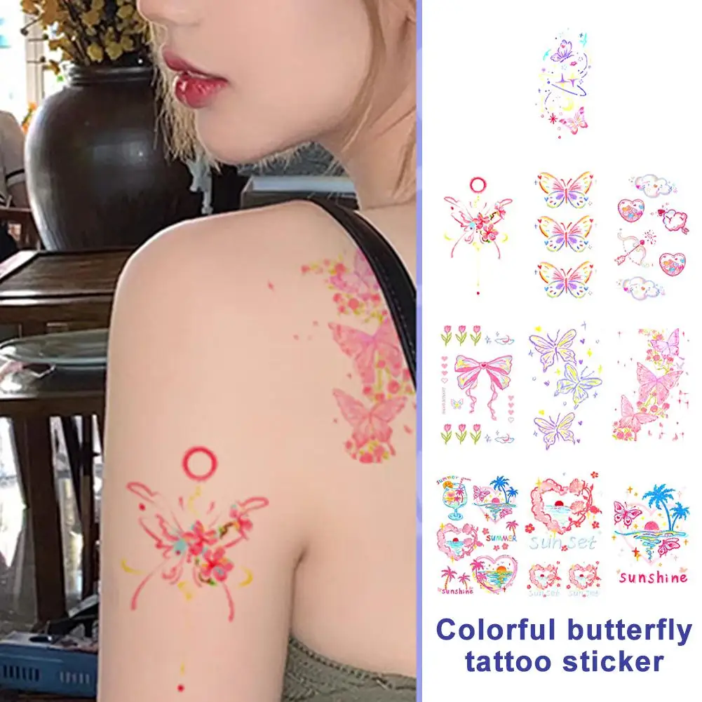 Pegatina de tatuaje de mariposa colorida única, impermeable, de larga duración, M8T0