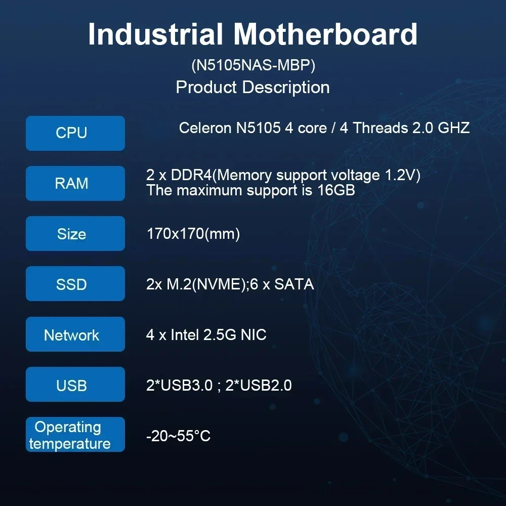 Celeron N5105 Industrial Motherboard NAS 4 Cores 4 Threads Low Power Processor 4x2.5G i225 Network M.2 Slot 6xSATA DP HD