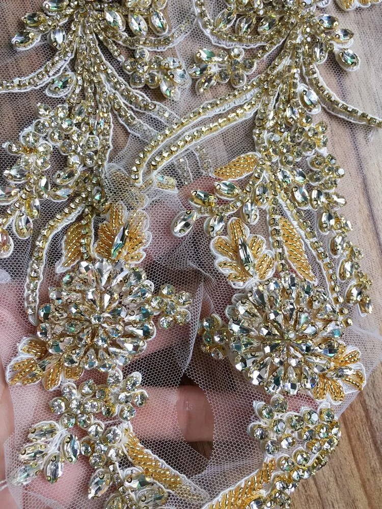 Luxurious Bridal Wedding Dress Accessory Gold White Crystal Trims DIY Garments Clothes Decorative Rhinestone Applique