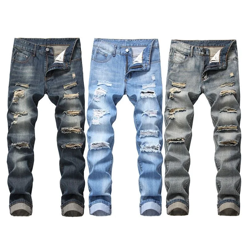 Spring and Autumn New Fashion Trend Retro Ripped Straight Leg Jeans Men's Casual Slim Comfortable Stretch High Quality Pants