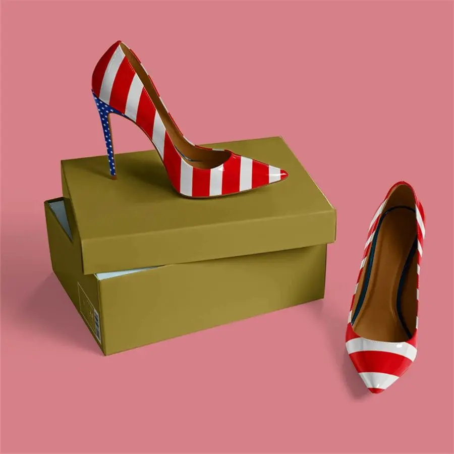 

Bold Red White Striped Pumps Slip On Pull On Sparkle Stars High Heels American Style Women Concise Luxury Designer Ladies Shoes