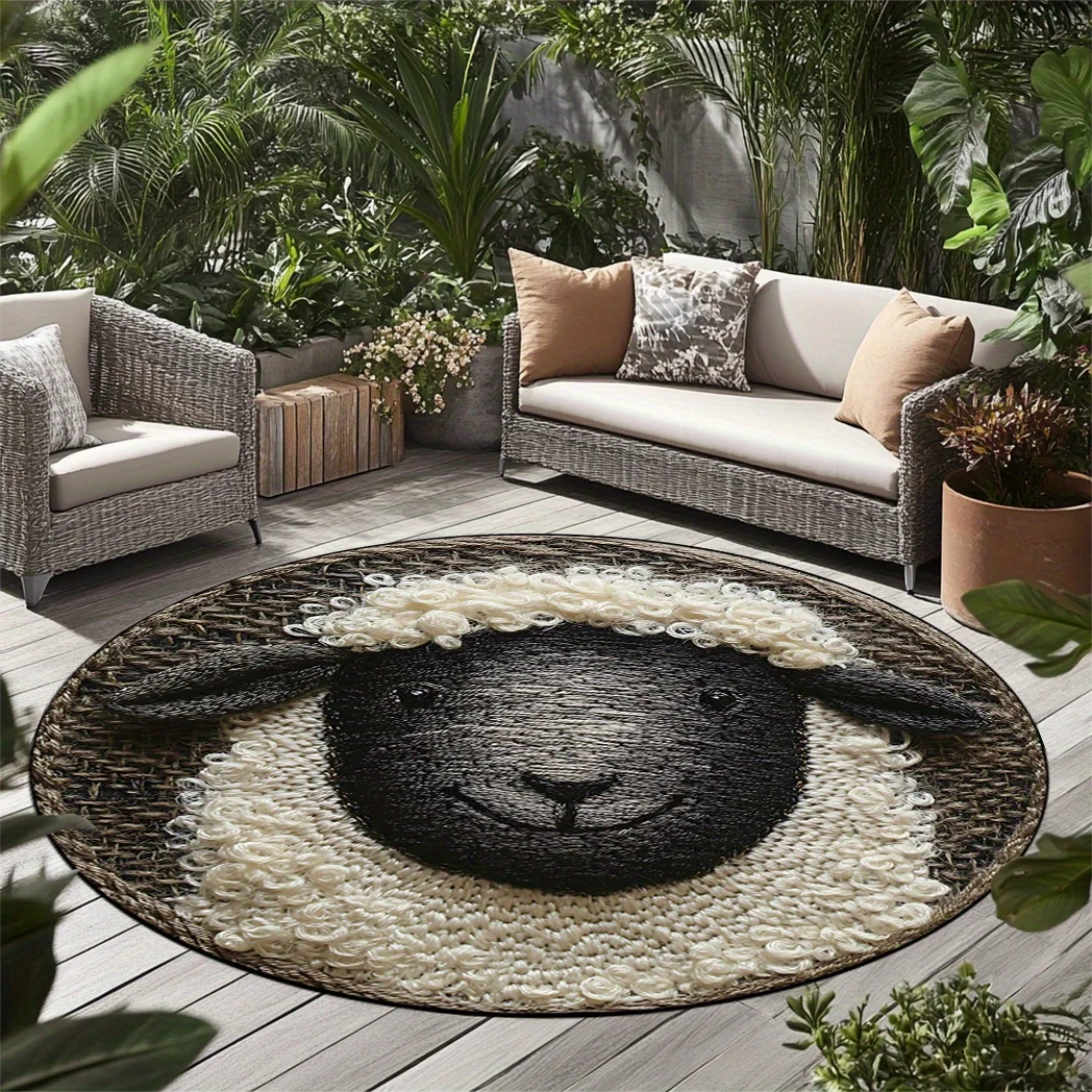 Cute Sheep Face Round Rug Farm Animal Theme Flannel Carpet for Kids Room Nursery Garden Patio Outdoor Indoor Use Soft Washable