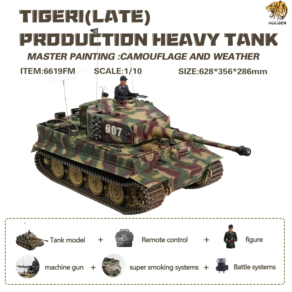 RC Metal Tank 1/10 Remote Control German Tiger Tank RTR World War II Heavy Tank Simulation Model Toys