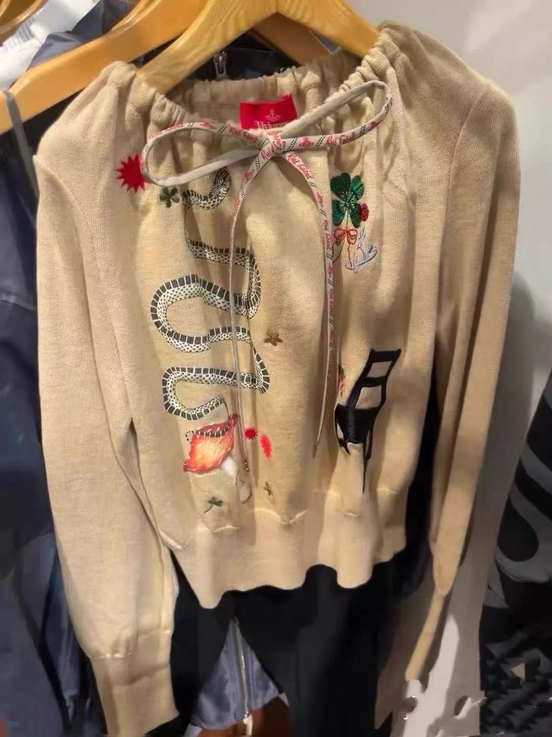 Spring New Arrival  Early Cartoon Embroidery Drawstring Ribbon Hooded Top Women's Loose Fit Long Sleeve Warm Knitwear