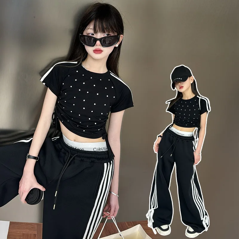 Girls Spring and Summer Set 2024 New Bright Short-sleeved T-shirt Casual Sports Pants Two-piece Jazz Dance Performance Wear