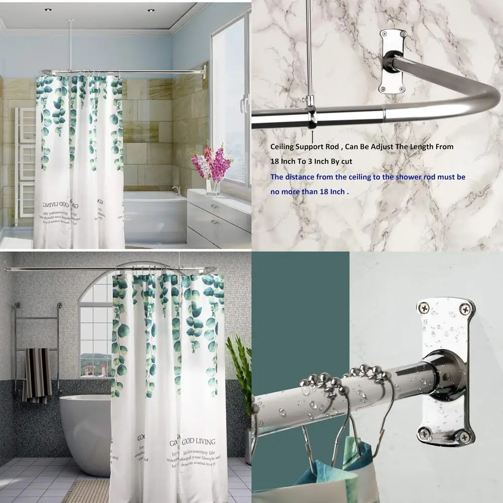 

Corner Shower Curtain Rod with Ceiling Support, L-Shaped for Bathroom Bathtub, Chrome Plated