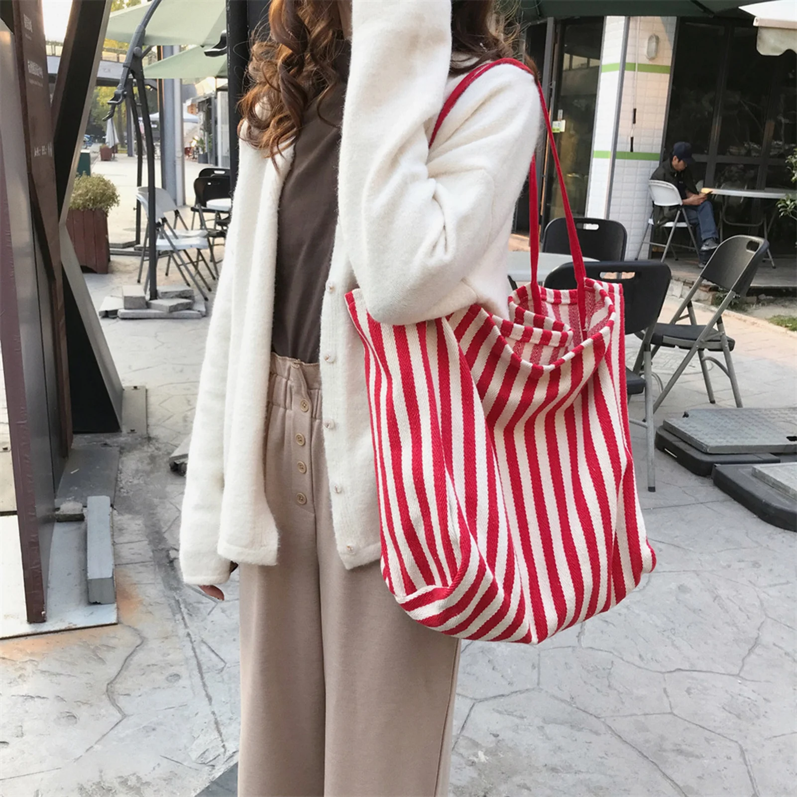 

Large Capacity Shopping Bag Korean Style Striped Shoulder Bag Portable Bag For Shopping Buying Groceries Home Storage Bags