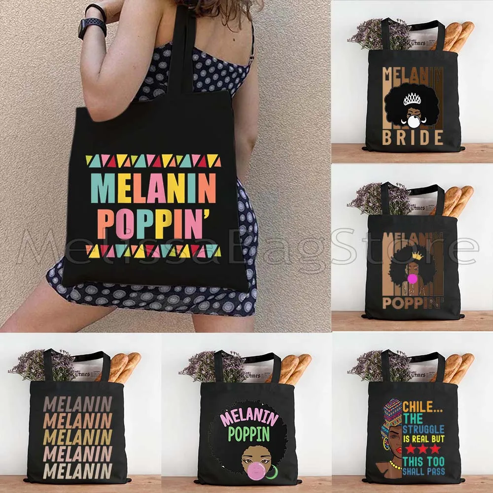 Melanin Poppin Afro Queen Magic Black History Month Woman Sista African American Canvas Shoulder Tote Bag Cotton Shopper Handbag