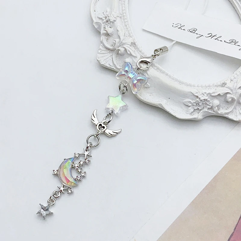 Y2K Laser Moon Star Bow Wings Phone Charm Strap Keychain Pendant For Girls Sweet Cool Jewelry Handbag Keyring Accessories Gifts